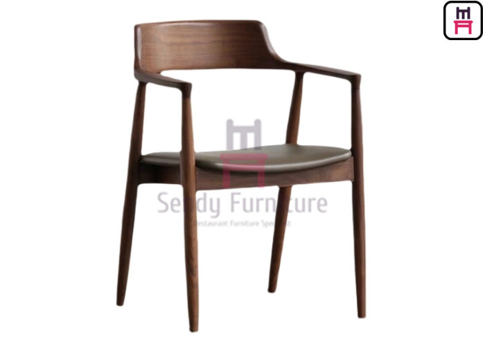 Walnut Color Armrests Ash Wood Dining Chair With Leather Upholstered